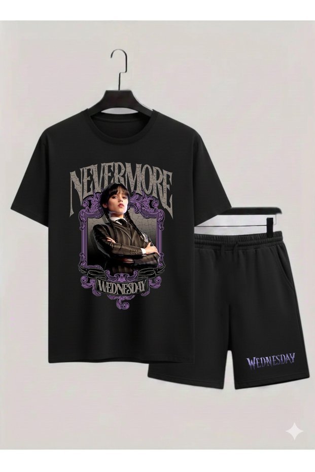 Wednesday Addams Printed 100% Cotton Crewneck Children's T-Shirt-Shorts Two-Piece Set