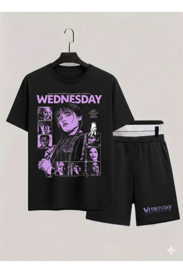 Wednesday Addams Printed 100% Cotton Crewneck Children's T-Shirt-Shorts Two-Piece Set