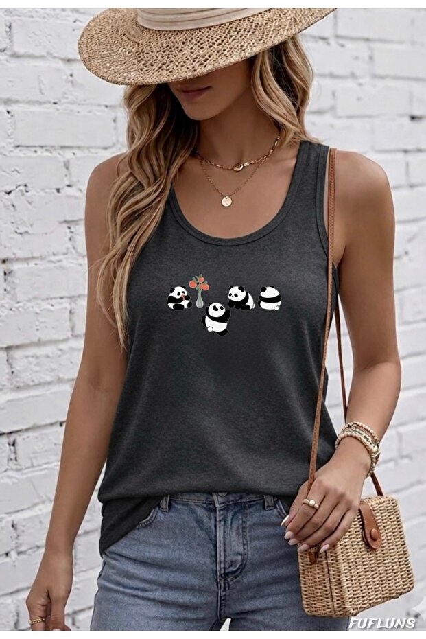 Women's Round Neck T-Shirt with Mini Pandas Print