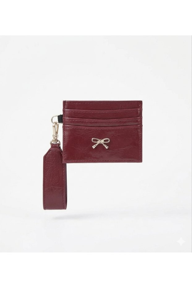 Shiny Women's Card Holder with Bow Buckle and Compartments - Burgundy