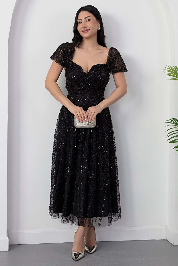 Strpalez Collar Beaded Midi Dress Ecr5826