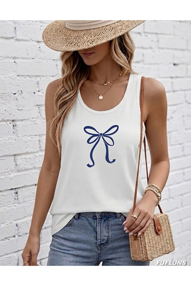 Ribbon Printed Women's Round Neck Tank Top
