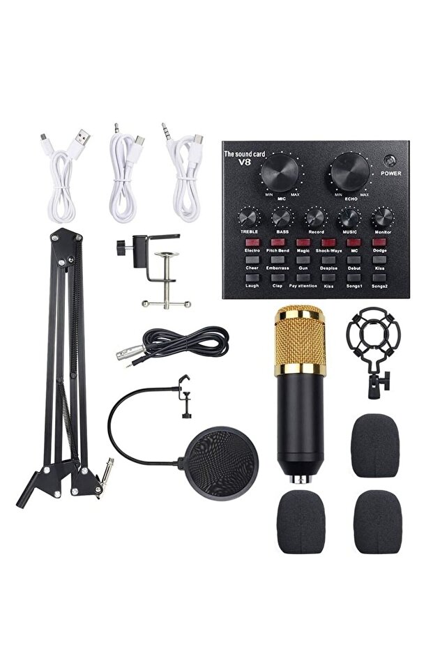 Multi-functional Live Sound Card + Microphone Kit Suspension Transmission Recording Condenser Microp
