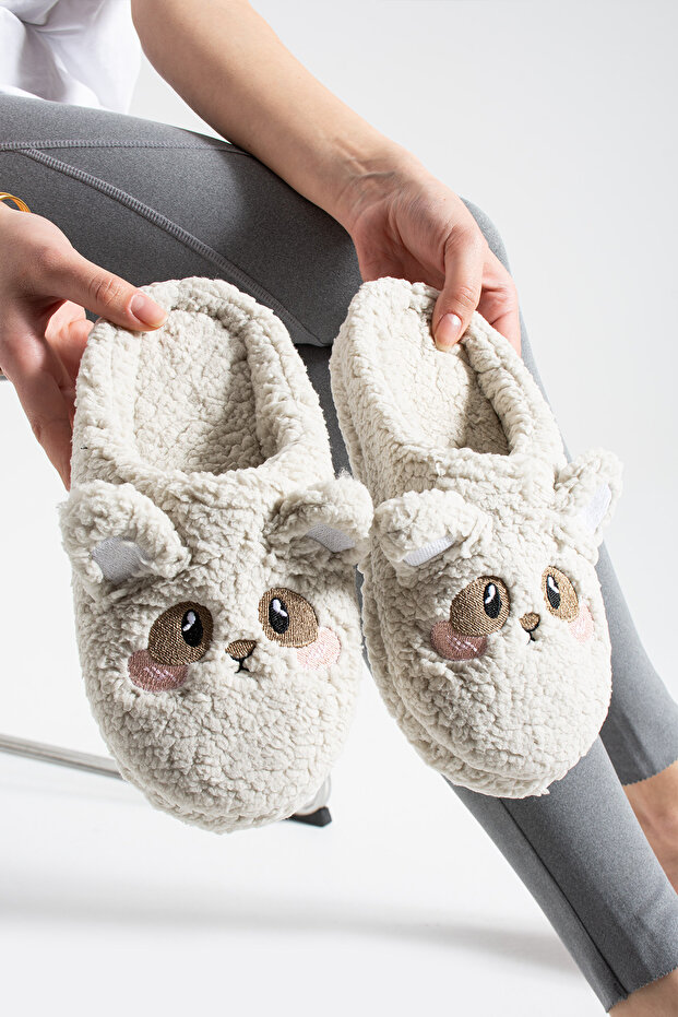 Gray Embroidered, Figured, Fluffy, Women's House Slippers (Washable, Noiseless, Dowry-Style)