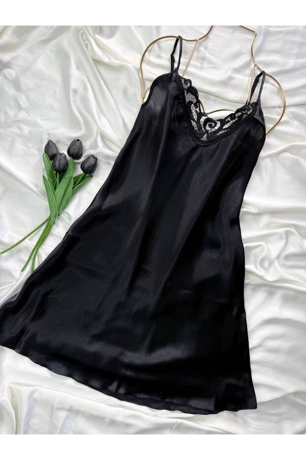 Plus Size Lace Detailed Satin Adjustable Strap Dress Nightgown