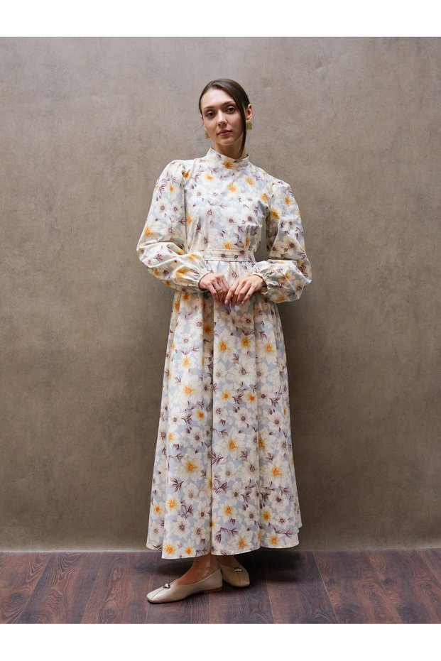 Hijab-Compliant High Neck Coffee Azalea Flower Long Flared Dress