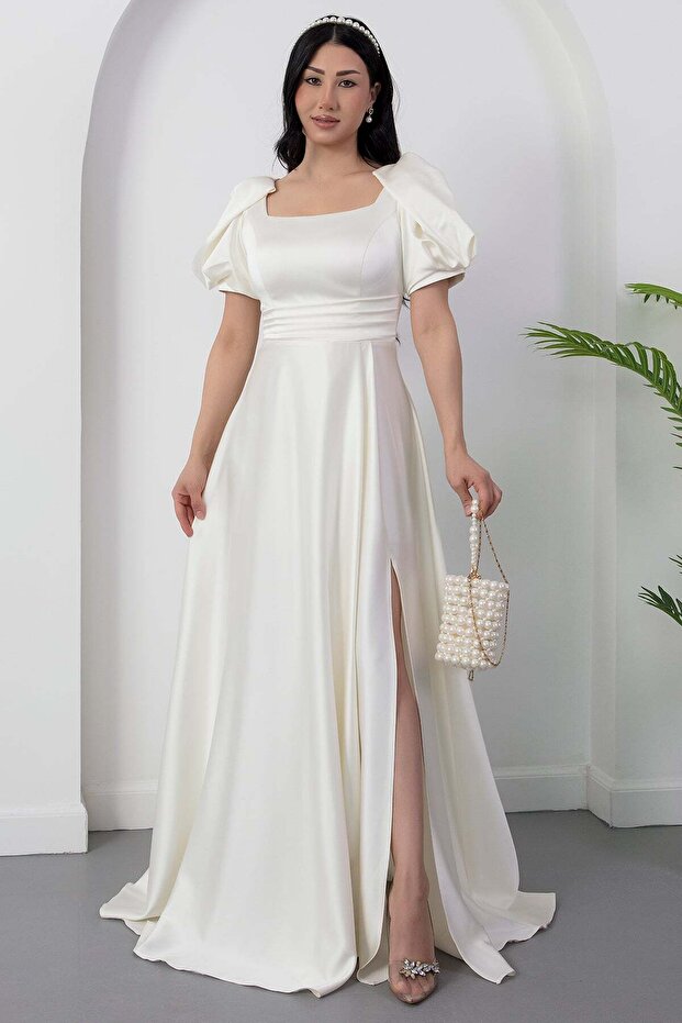 Square Neck Flounce Sleeve Long Satin Dress Drp570