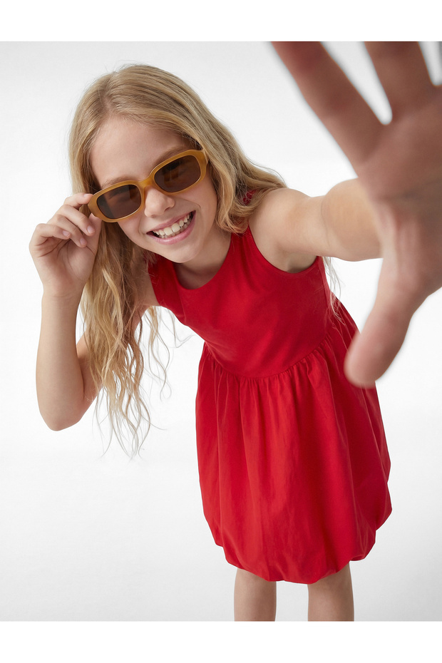 Cotton Sleeveless Crew Neck Pleated Balloon Dress