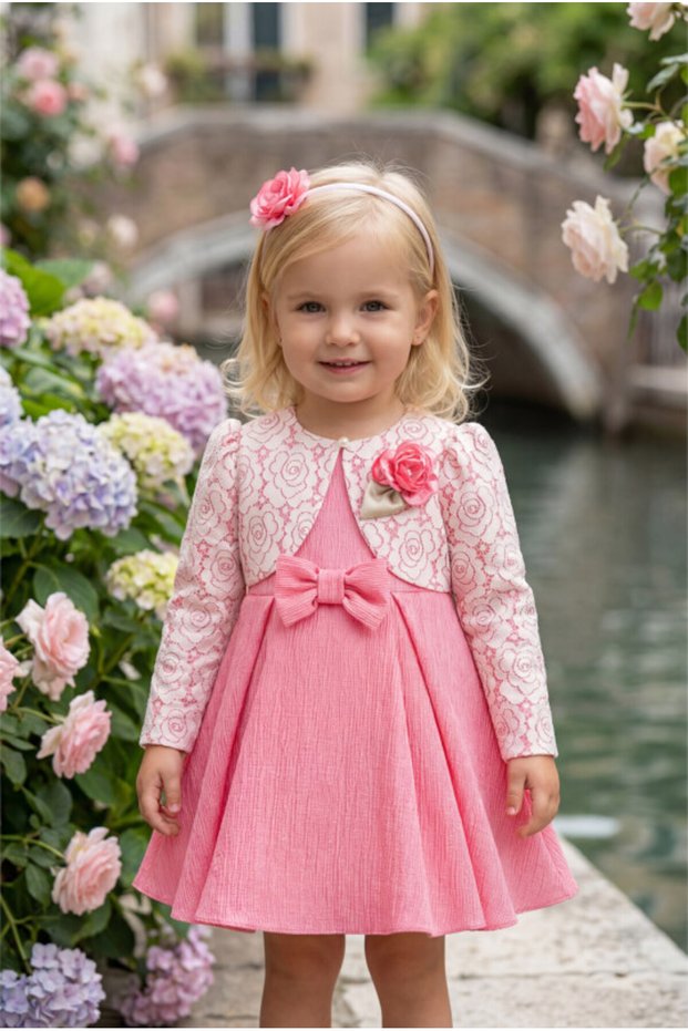 Floral Detailed Lace Bolero and Hair Accessory Set Evening Dress Baby Girl Kids Special Occasion Dress 6-12-18-24 Months 35332Pr