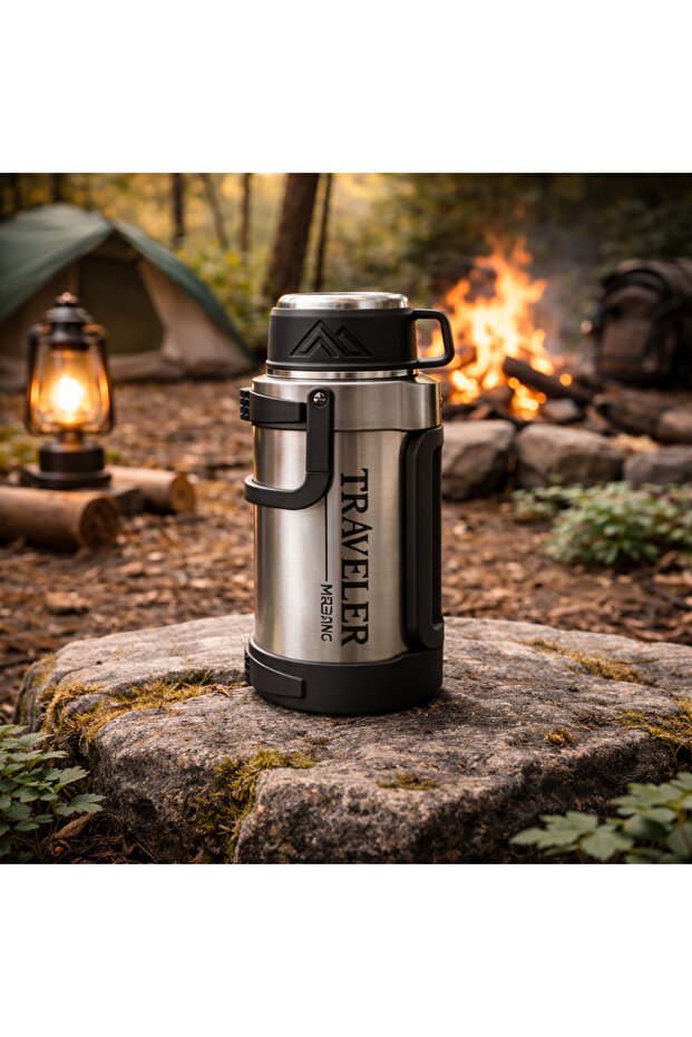 1600 ml Double Layer Vacuum Steel Thermos with Carrying Handle Leak-Proof Outdoor Large Size