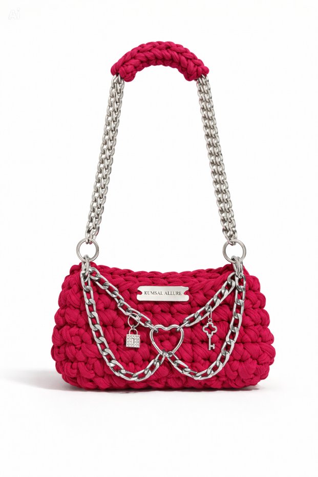 Locked in Love Red Chain Detailed Hand Knitted Women's Shoulder Bag with Charm Accessories