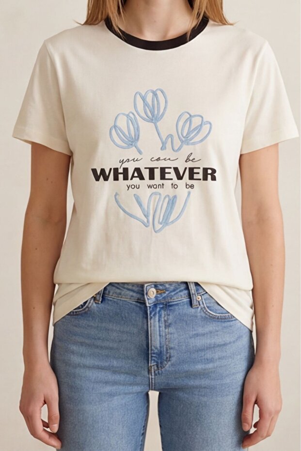 Printed Embroidery Detailed T-Shirt