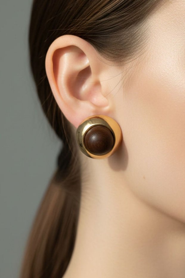 Gold Color Earrings with Wooden Detail in the Center (3 cm)
