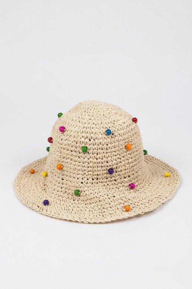 Women's Colorful Beaded Detailed Beige Straw Bucket Hat | Hand Knitted Summer Trend Bucket Style