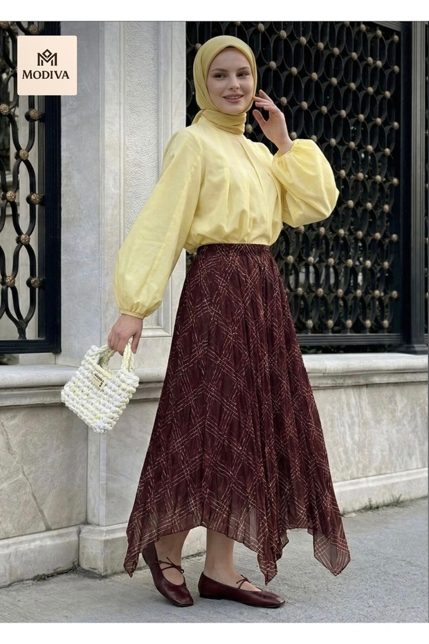 Women's Plaid Patterned Pleated High Waist Skirt for Casual & Stylish Use