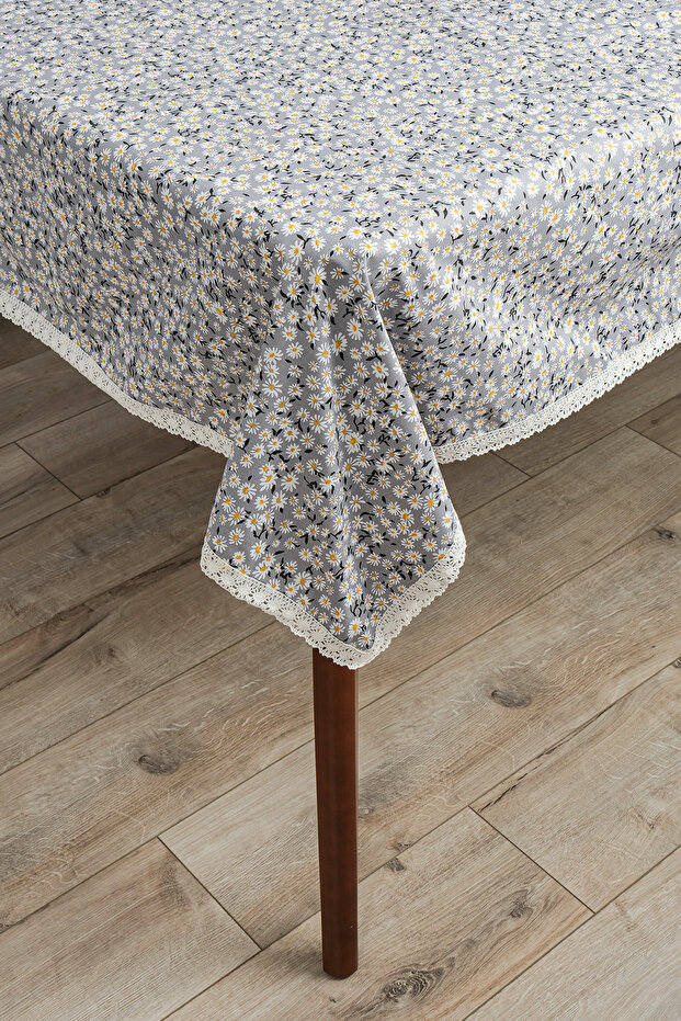 Gray Daisy Patterned Poplin Tablecloth - with French Lace Detail on Cotton Edge