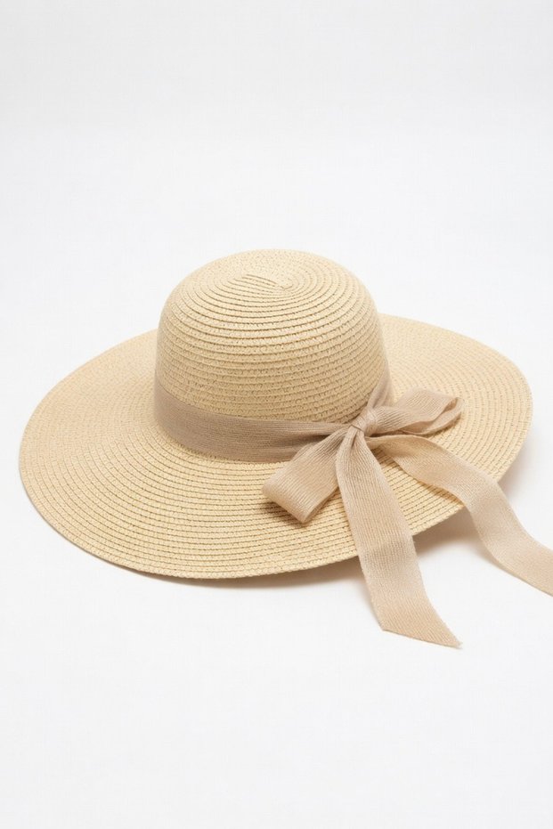 Women's Beige Straw Bow Detailed Beach Hat | Wide Brim Sun Protection Summer Bohemian Model