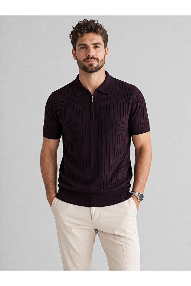 Burgundy Zippered Regular Fit Polo Collar T-Shirt
