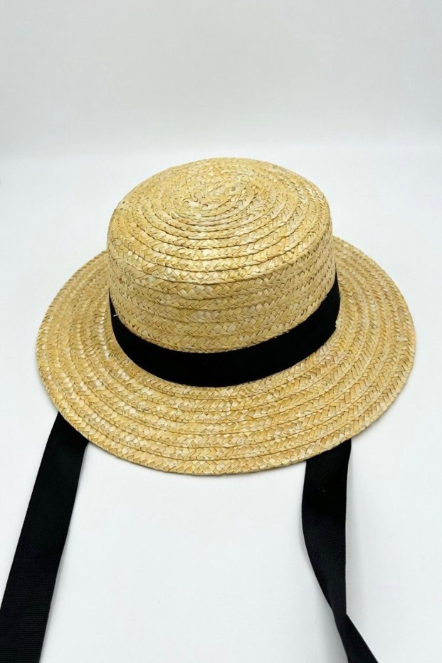Women's Tie-Down Straw Boater Hat | Black Ribbon Detailed Vintage Gondolier Summer Style
