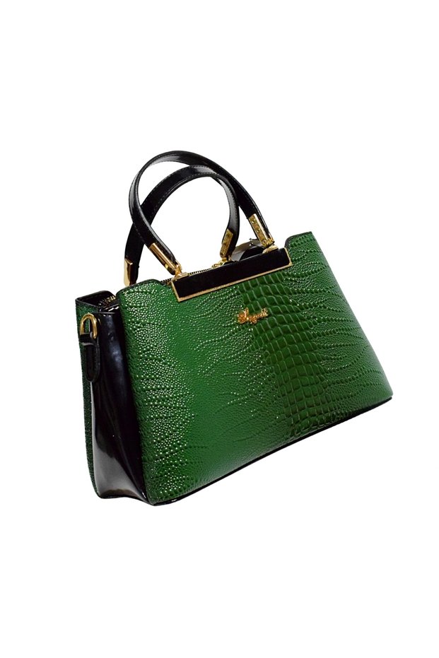 Green Embossed Patterned Leather Stylish Women's Handbag and Shoulder Bag with Gold Detail / Sstore