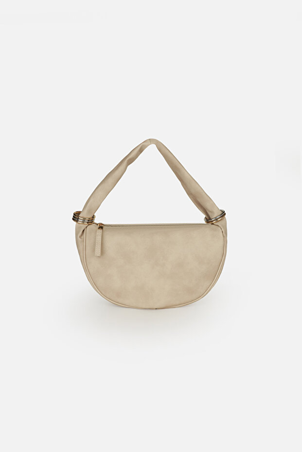 Faux Leather Shoulder Bag, Faux Leather Shoulder Bag with Metal Ring Edges, Beige Shoulder Bag