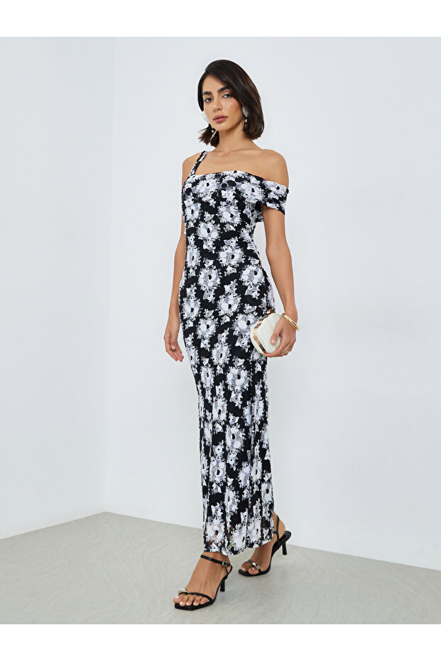 Black One-Shoulder Floral Lace Maxi Dress