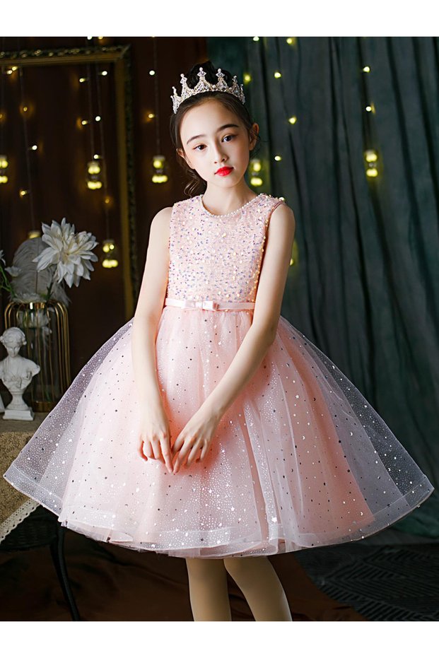 Girls Sequin Faux Pearl Decoration Bow Detail Mesh Party Dress