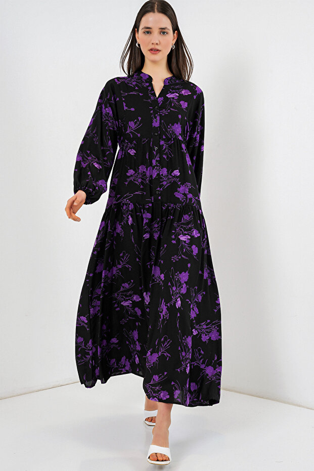 Women's Patterned Long Hijab Dress 2585 - E.Black