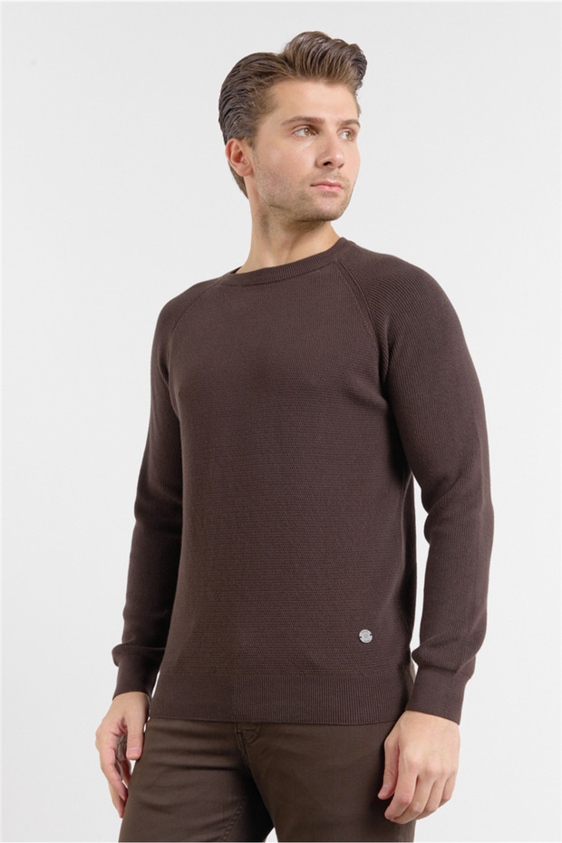 Brown Crew Neck Long Sleeve Pocketless Standard Fit Sweater 100% Cotton Knitwear 1012260150