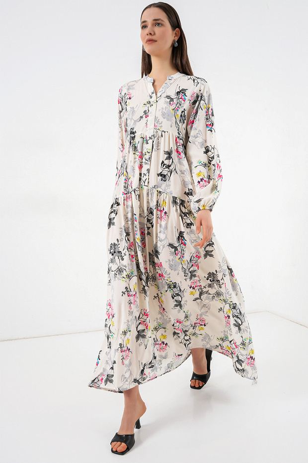 Women's Patterned Long Hijab Dress 2585 - F.Gray