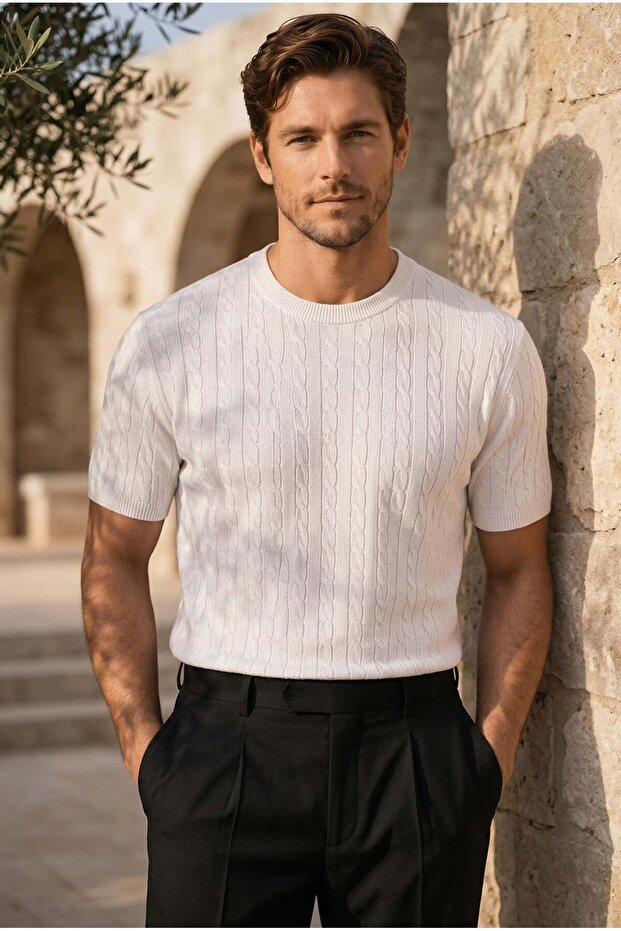 Walsh Hair Braid Patterned Crew Neck Slim Knitwear Men's T-Shirt - Ecru