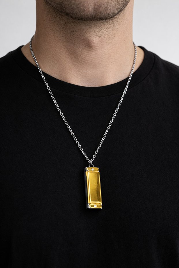 Unisex Metal Harmonica Necklace Gold Black 60 cm Chain Sound Design