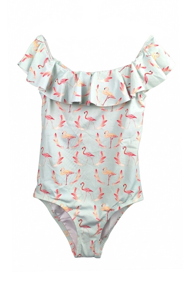 Mint Green Flamingo and Feather Patterned Flounce Girls' Swimsuit
