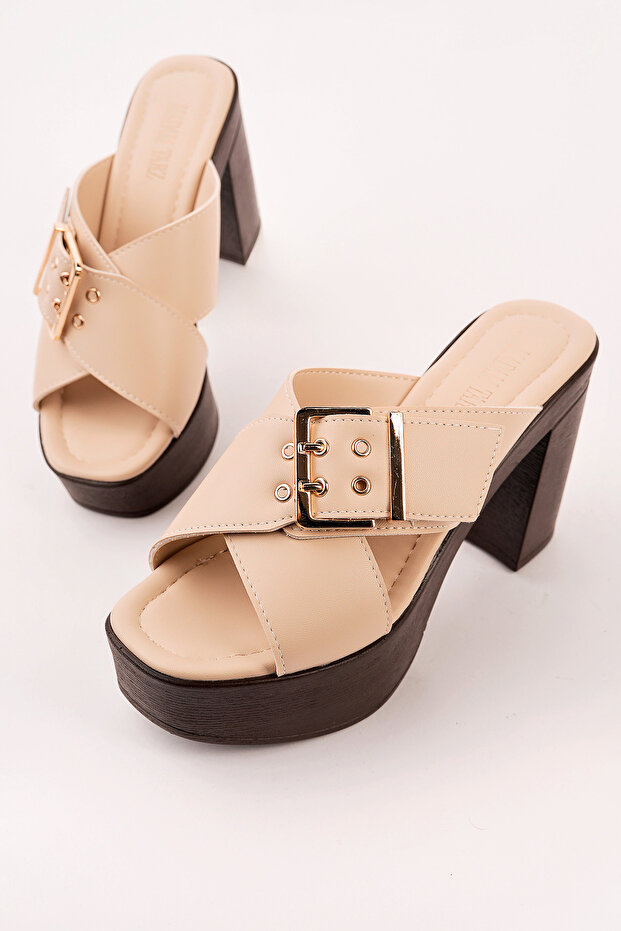 Tly-776 Thick Heel Buckle Crossed Slippers