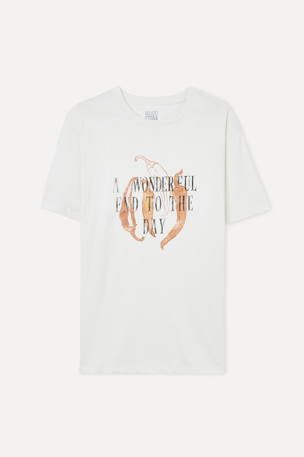 Men's Off-White Printed Loose Fit Crew Neck T-Shirt