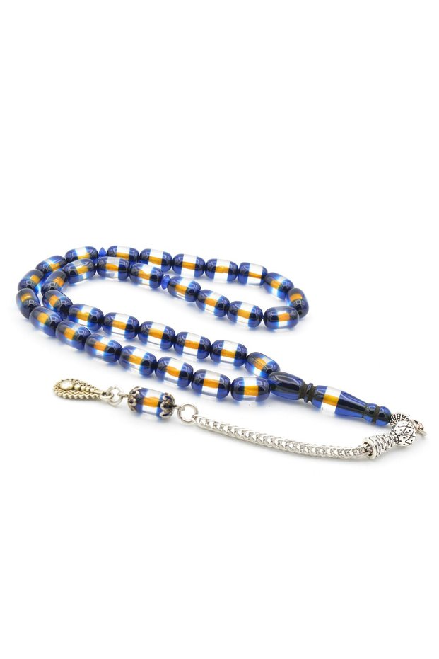 Capsule Cut Yellow Navy Blue Vermelio Crimped Amber Prayer Beads 003