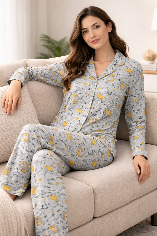 Gray Cat Patterned 100% Cotton Shirt Collar Women's Pajama Set