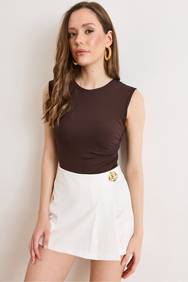 Women's Brown Drape Detailed Double Layered Front Bodysuit with Six Snaps on the Bottom Bdy-00000061