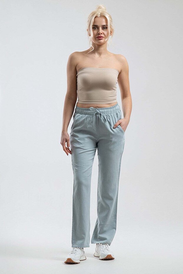 Women's Aqua Green Drawstring Waistband Comfort Trousers