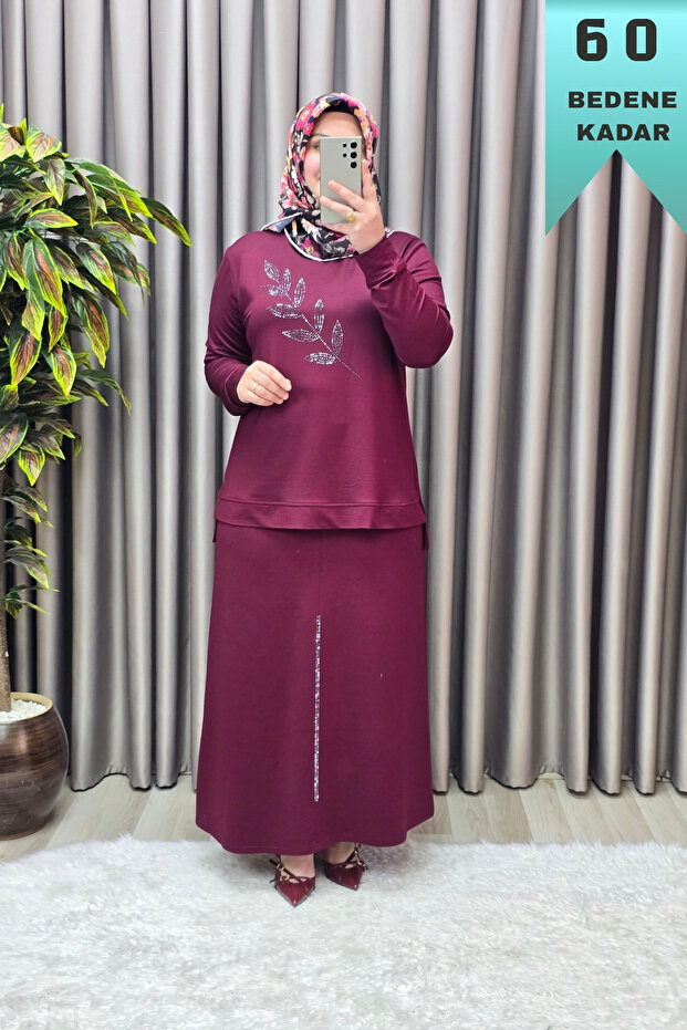 Women's Clothing Plus Size Leaf Stone Crystal Fabric Skirt Set