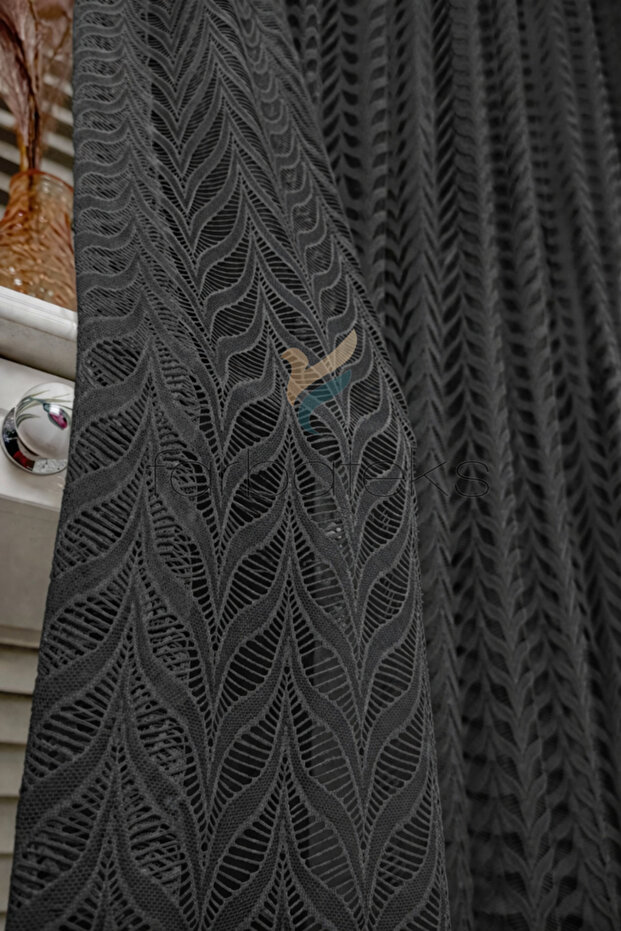 Anthracite Gray Stylish Leaf Patterned Tulle Curtain Modern 3 Layer Pleated Elegance Series