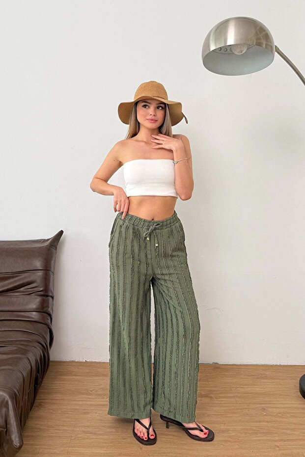 Women's Adjustable Waist Ruffle Detailed Double Pocket Trousers Khaki - Ms0001626