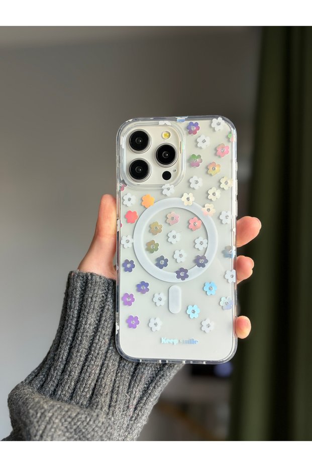 Colorful Hologram and Magsafe Compatible Premium Phone Case with Tiny Flower Print, Compatible with iPhone 16