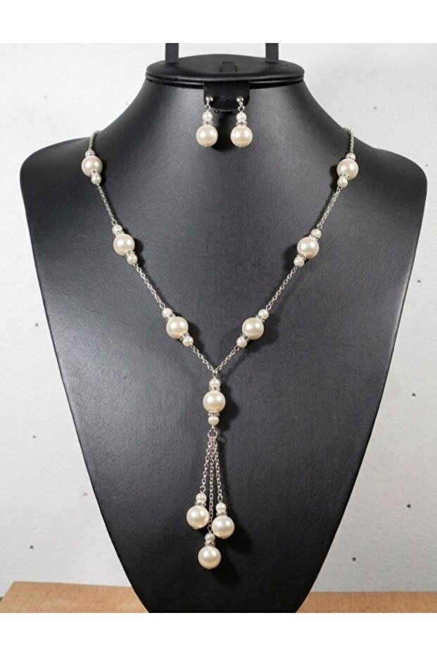 2-Piece Elegant Black and White Pearl Chain Women's Jewelry Set