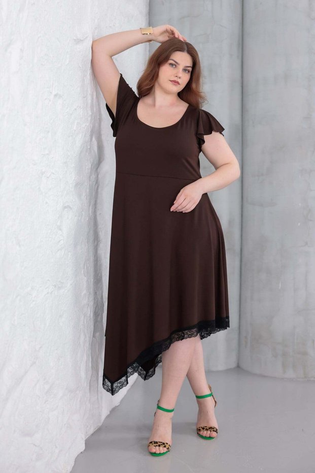 Women's Coffee Color Ruffle Sleeve Lace Detail Asymmetrical Plus Size Stretchy Dress