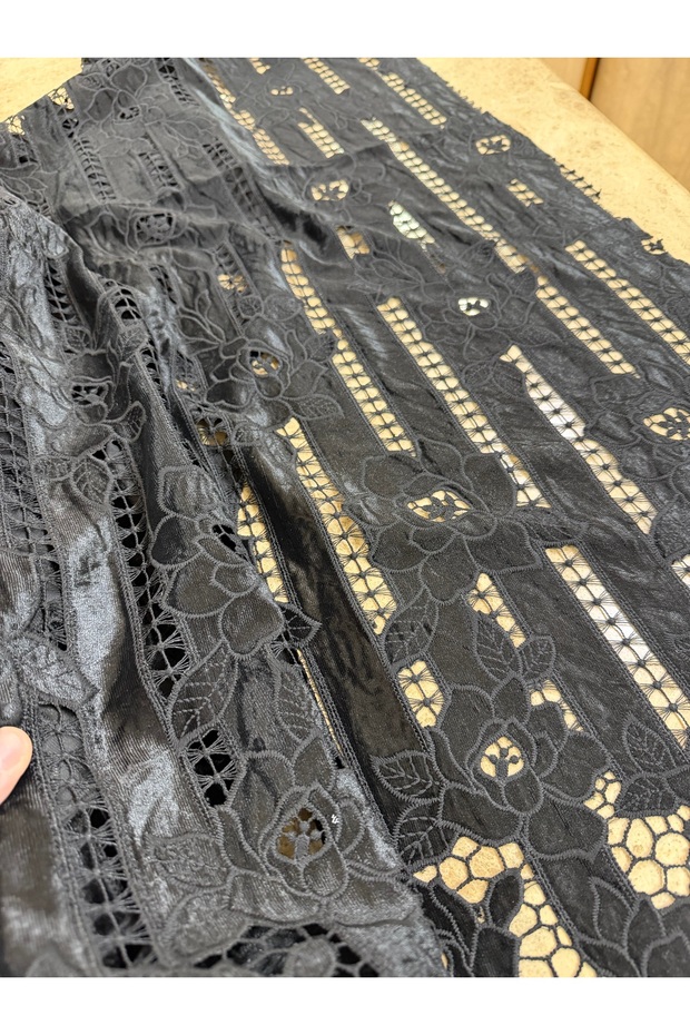 Black Laser Cut Floral Pattern Velvet Fabric - Modern Evening Dress Design
