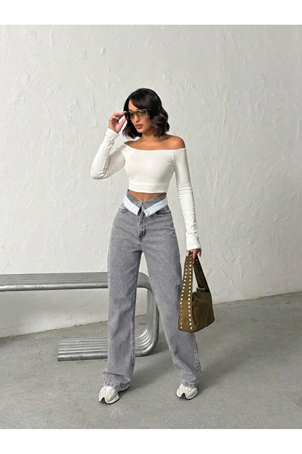 Gray Snow High Waist Belt-Collar Gray Snow Wide-Leg Pants