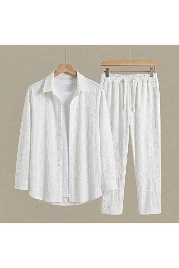 Men's White Bürümcük Suit - Casual Shirt and Pants Set with Comfortable Sweatpants