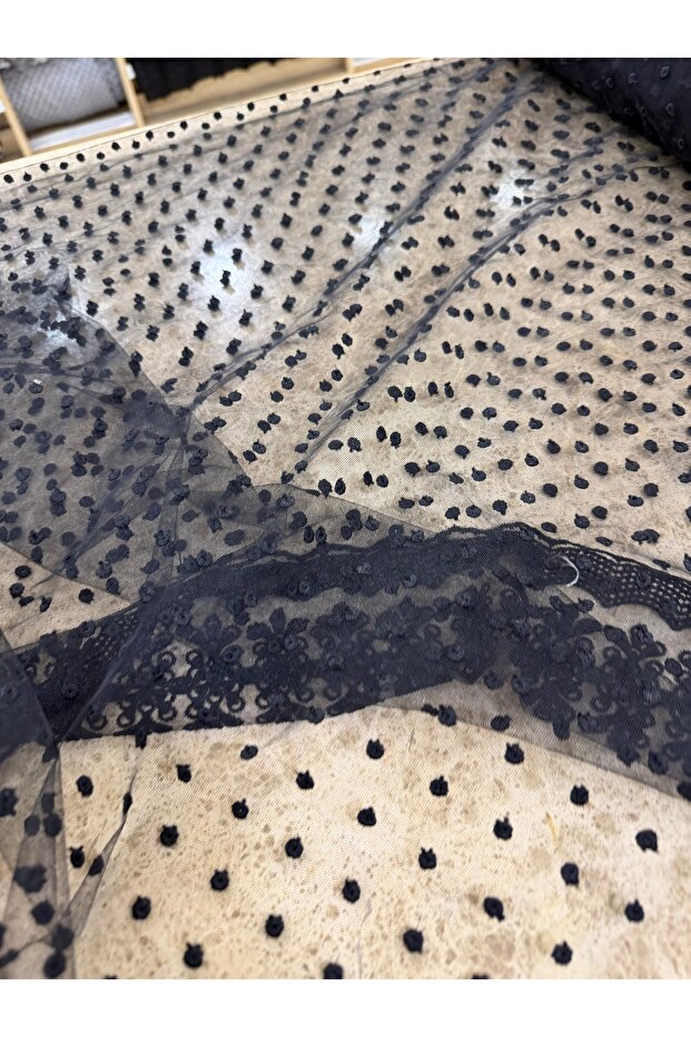Black Tulle Fabric with Guipure and Spots - for Evening Dresses and Wedding Dress Designs