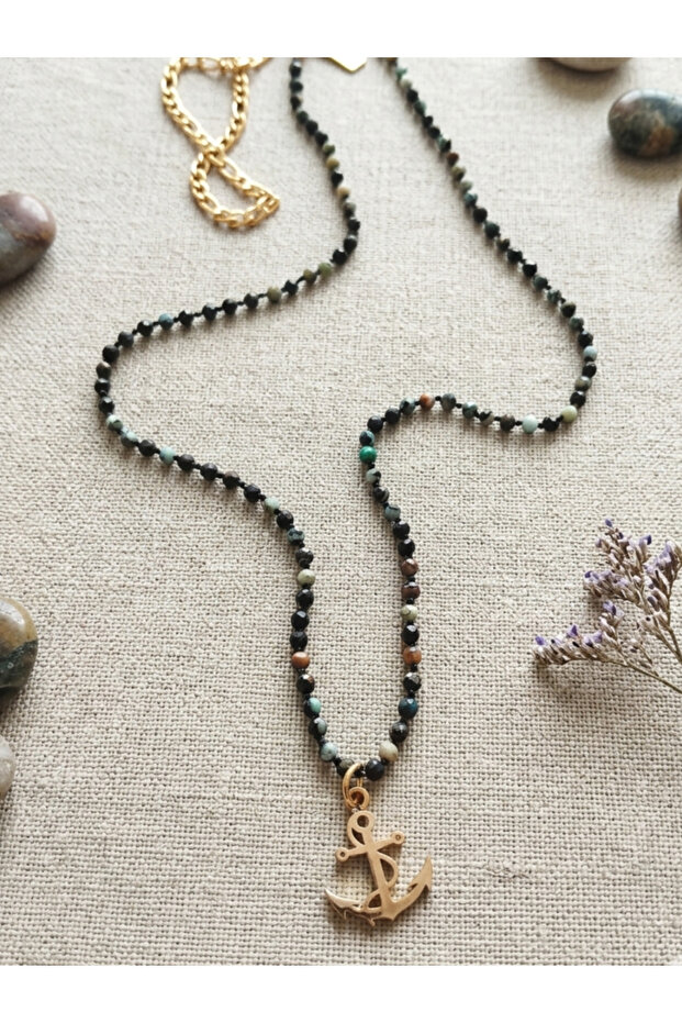 Capo African Turquoise Natural Stone Anchor Pendant | Handmade Pure Brass Tip 70 cm